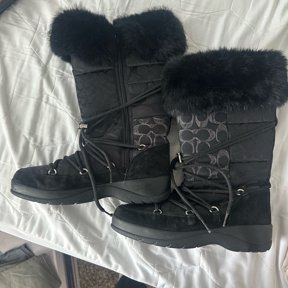 Coach Black Lace Up Fur Boots